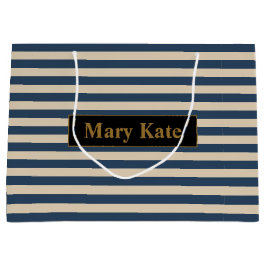 Aangepaste naam blauw/vanille strepen groot cadeauzakje