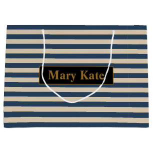 Aangepaste naam blauw/vanille strepen groot cadeauzakje