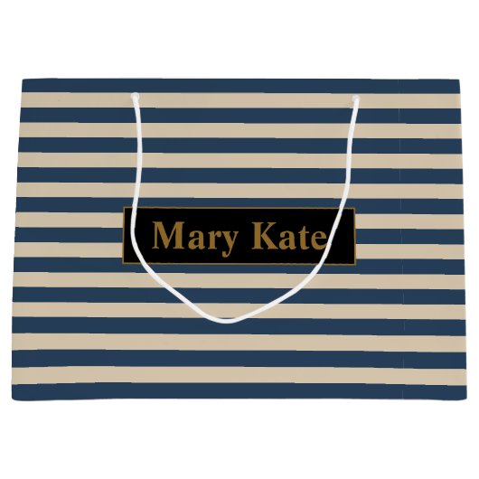 Aangepaste naam blauw/vanille strepen groot cadeauzakje (Voorkant)