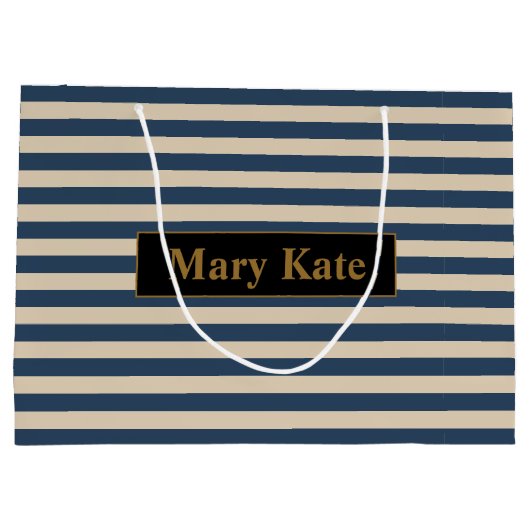 Aangepaste naam blauw/vanille strepen groot cadeauzakje (Achterkant)