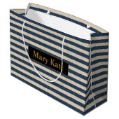 Aangepaste naam blauw/vanille strepen groot cadeauzakje (Achterkant Gekanteld)