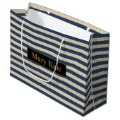 Aangepaste naam blauw/vanille strepen groot cadeauzakje (Voorkant Gekanteld)