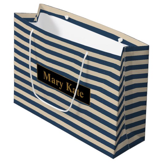 Aangepaste naam blauw/vanille strepen groot cadeauzakje (Voorkant Gekanteld)