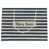 Aangepaste naam blauw/vanille strepen groot cadeauzakje (Voorkant)