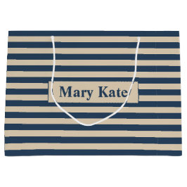 Aangepaste naam blauw/vanille strepen groot cadeauzakje