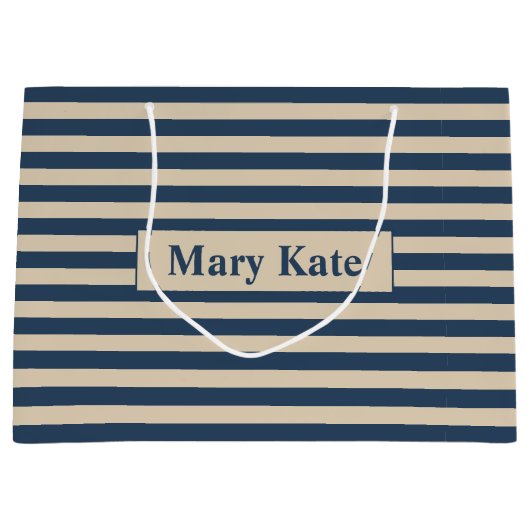 Aangepaste naam blauw/vanille strepen groot cadeauzakje (Voorkant)