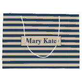 Aangepaste naam blauw/vanille strepen groot cadeauzakje (Achterkant)