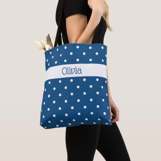 Aangepaste naam Blauw wit polaire dot patroon Tote Bag (Dichtbij)