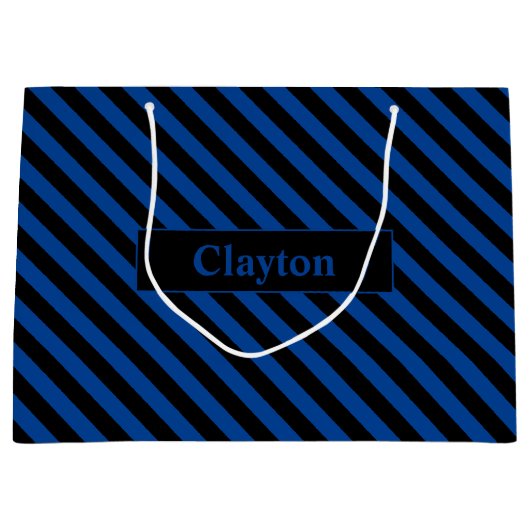 Aangepaste naam Blauw/Zwart Strepen Groot Cadeauzakje (Voorkant)