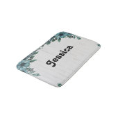 Aangepaste naam blauwe bloemen op grijs hout badmat (Gekanteld)