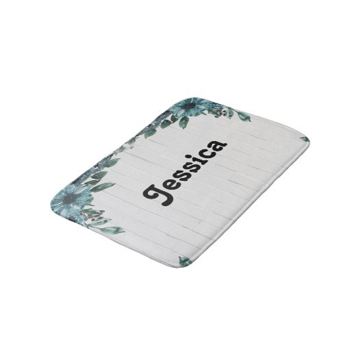 Aangepaste naam blauwe bloemen op grijs hout badmat (Gekanteld)