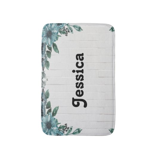 Aangepaste naam blauwe bloemen op grijs hout badmat (Voorkant Verticaal)