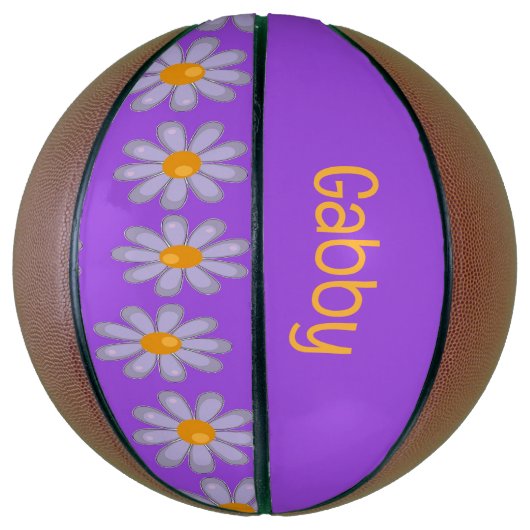Aangepaste naam blauwe bloemen op paarse basketbal (Verticaal)