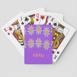 Aangepaste naam blauwe bloemen op paarse pokerkaarten