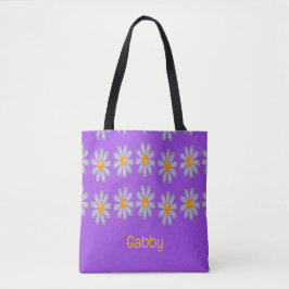 Aangepaste naam blauwe bloemen op paarse tote bag