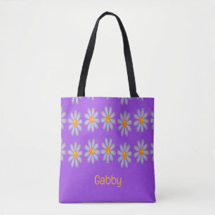 Aangepaste naam blauwe bloemen op paarse tote bag