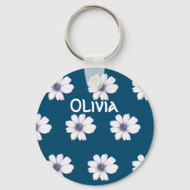 Aangepaste naam Blauwe bloempatroon Button Kerncod Sleutelhanger