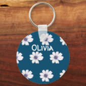 Aangepaste naam Blauwe bloempatroon Button Kerncod Sleutelhanger (Voorkant)