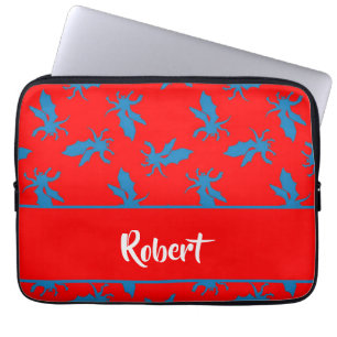 Aangepaste naam blauwe draden op rood laptop sleeve