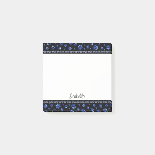 Aangepaste naam, blauwe glinsterende hondenpoten post-it® notes (Voorkant)
