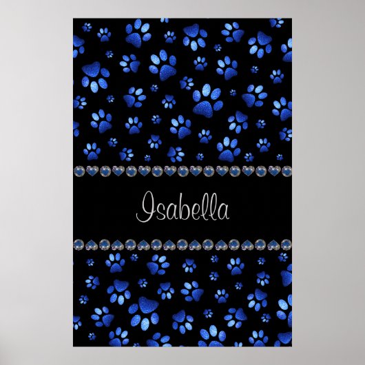 Aangepaste naam, blauwe glinsterende hondenpoten poster (Voorkant)
