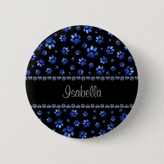 Aangepaste naam, blauwe glinsterende hondenpoten ronde button 5,7 cm (Voorkant)