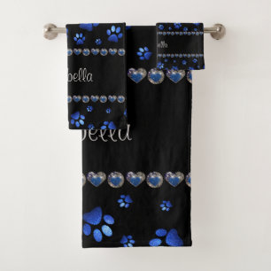 Aangepaste naam, blauwe glitter-hondenpoten bad handdoek