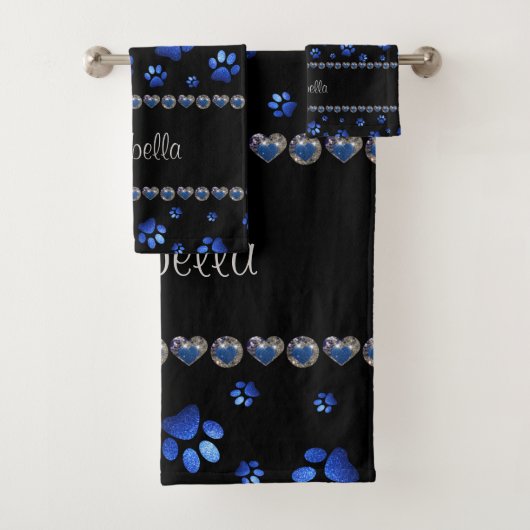Aangepaste naam, blauwe glitter-hondenpoten bad handdoek (Insitu)