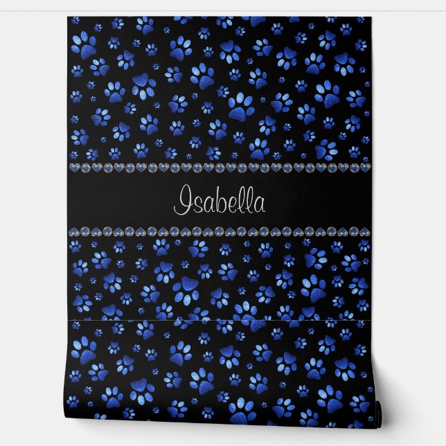 Aangepaste naam, blauwe glitter-hondenpoten behang (Afrollen)