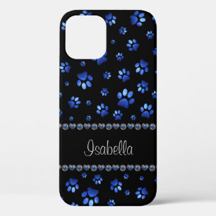Aangepaste naam, blauwe glitter-hondenpoten Case-Mate iPhone case