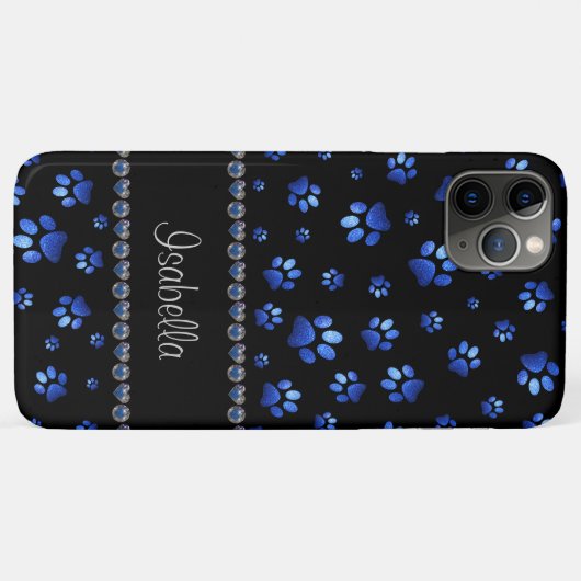Aangepaste naam, blauwe glitter-hondenpoten Case-Mate iPhone case (Achterkant (horizontaal))
