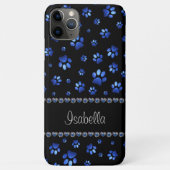 Aangepaste naam, blauwe glitter-hondenpoten Case-Mate iPhone case (Achterkant)
