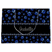 Aangepaste naam, blauwe glitter-hondenpoten groot cadeauzakje (Voorkant)