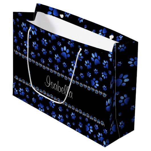 Aangepaste naam, blauwe glitter-hondenpoten groot cadeauzakje (Voorkant Gekanteld)