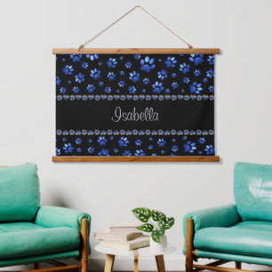 Aangepaste naam, blauwe glitter-hondenpoten hangend wandkleed