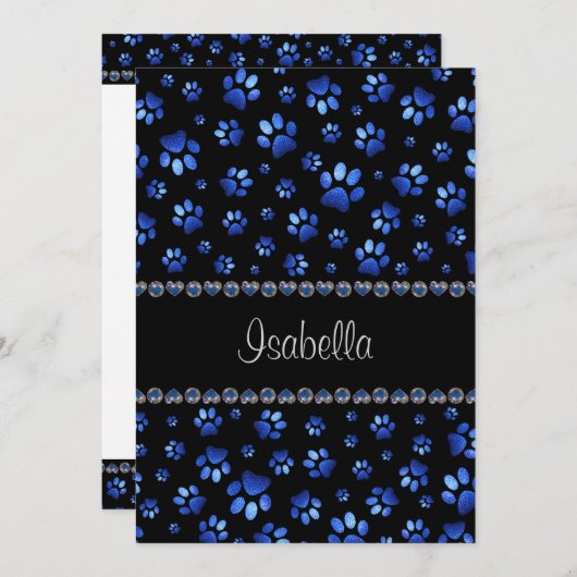 Aangepaste naam, blauwe glitter-hondenpoten kaart (Voorkant / Achterkant)
