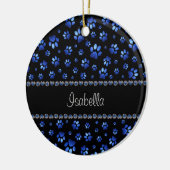 Aangepaste naam, blauwe glitter-hondenpoten keramisch ornament (Links)