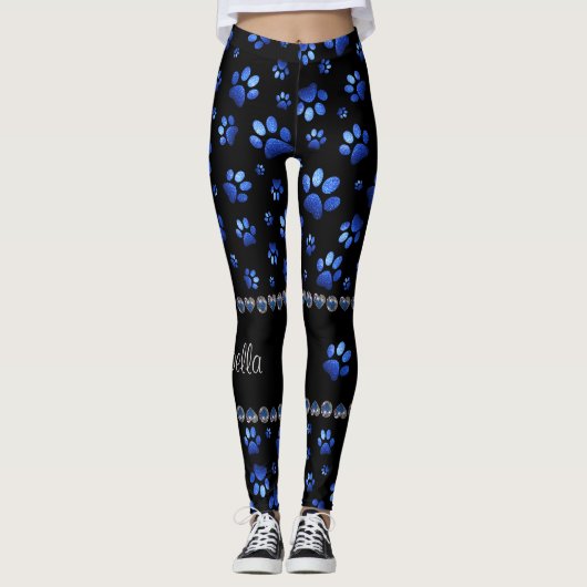 Aangepaste naam, blauwe glitter-hondenpoten leggings (Voorkant)