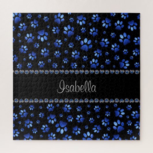 Aangepaste naam, blauwe glitter-hondenpoten legpuzzel (Verticaal)
