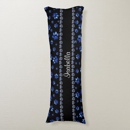 Aangepaste naam, blauwe glitter-hondenpoten lichaamskussen (Voorkant Verticaal)