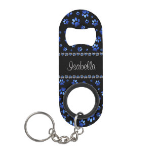 Aangepaste naam, blauwe glitter-hondenpoten mini flessenopener
