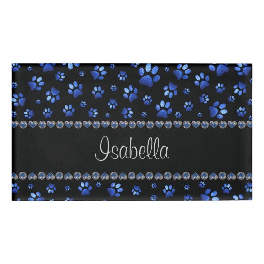 Aangepaste naam, blauwe glitter-hondenpoten naambadge (Voorkant)
