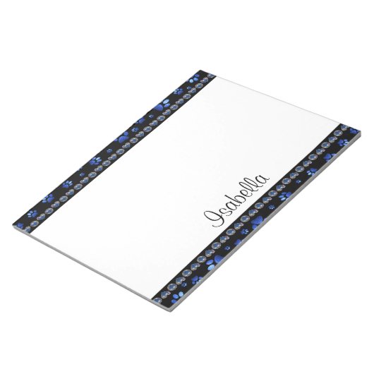 Aangepaste naam, blauwe glitter-hondenpoten notitieblok (Schuin)