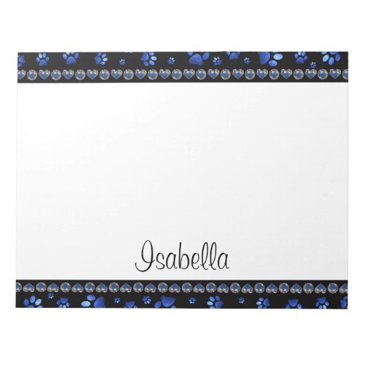 Aangepaste naam, blauwe glitter-hondenpoten notitieblok (Voorkant)