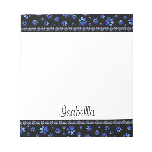 Aangepaste naam, blauwe glitter-hondenpoten notitieblok (Voorkant)
