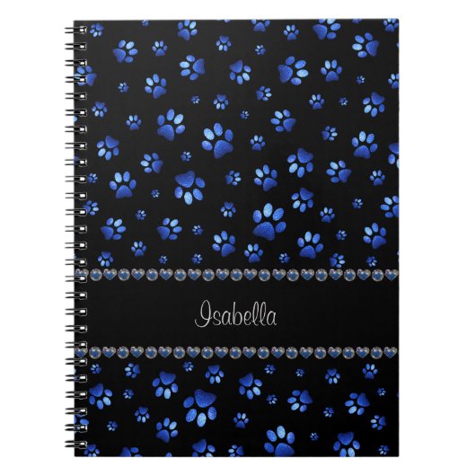 Aangepaste naam, blauwe glitter-hondenpoten notitieboek (Voorkant)