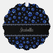 Aangepaste naam, blauwe glitter-hondenpoten ornament kaart (Achterkant)