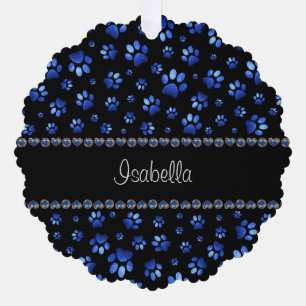 Aangepaste naam, blauwe glitter-hondenpoten ornament kaart