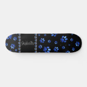 Aangepaste naam, blauwe glitter-hondenpoten persoonlijk skateboard (Horizontaal)