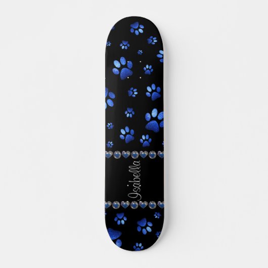 Aangepaste naam, blauwe glitter-hondenpoten persoonlijk skateboard (Voorkant)